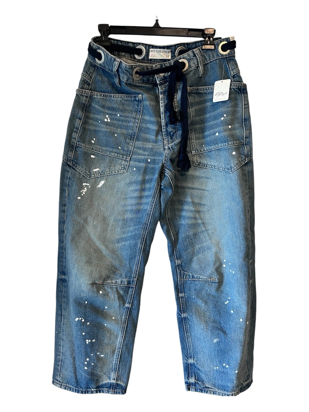 Free People We The Free Moxie Barrel Jeans Blue Paint Splatter Size 28 NWT Boho - Picture 7 of 13